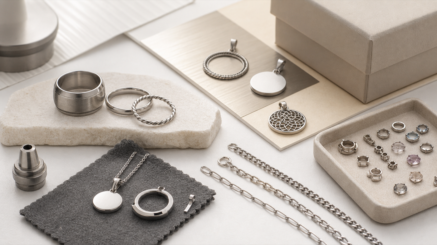 Editorial layout of jewelry components, chains, rings, packaging and material textures for a supply-chain partner